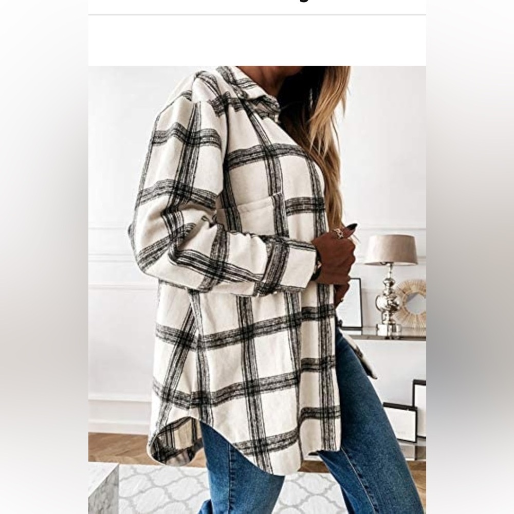Black White Plaid Oversized Shacket Silver Statement Buttons Medium - Picture 4 of 5